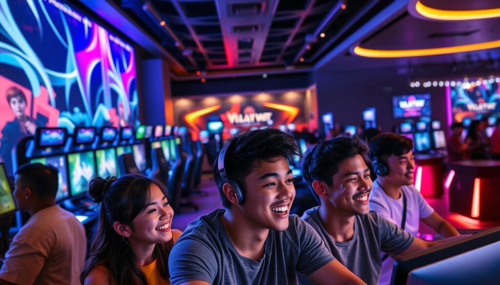 A vibrant, visually captivating scene of UTown's diverse gaming services. In the foreground, a group of friends engrossed in a lively multiplayer gaming session, their expressions animated and engaged. The middle ground showcases a range of gaming stations, each equipped with state-of-the-art hardware and immersive displays, inviting visitors to explore. In the background, a sleek, modern interior with dynamic lighting and stylish furnishings creates an alluring atmosphere. The composition emphasizes the seamless integration of technology, social interaction, and a premium gaming experience that embodies UTown's commitment to providing a multifaceted entertainment hub.