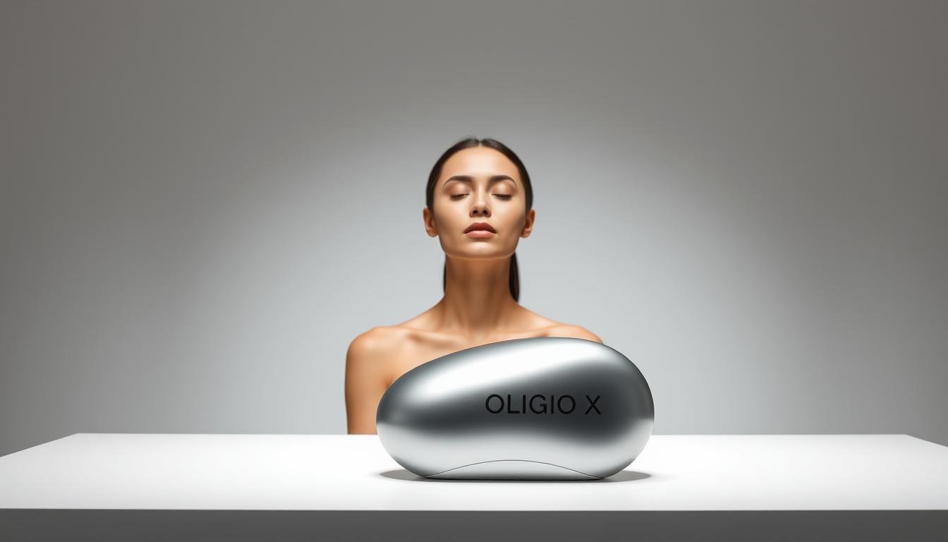 Oligio X 原美電波美容科技, a modern and sleek device by Glowin Beaute. Showcased in a minimalist studio setting, the device stands prominently on a clean white table, illuminated by soft, diffused lighting from above. The metallic finish of the device gleams, hinting at its advanced technological capabilities. In the middle ground, a serene model demonstrates the device's use, their facial features relaxed and content, reflecting the satisfying experience of Oligio X 原美電波's rejuvenating powers. The background fades into a muted grey, keeping the focus on the product and its user. An atmosphere of sophistication, efficiency, and user satisfaction permeates the scene.