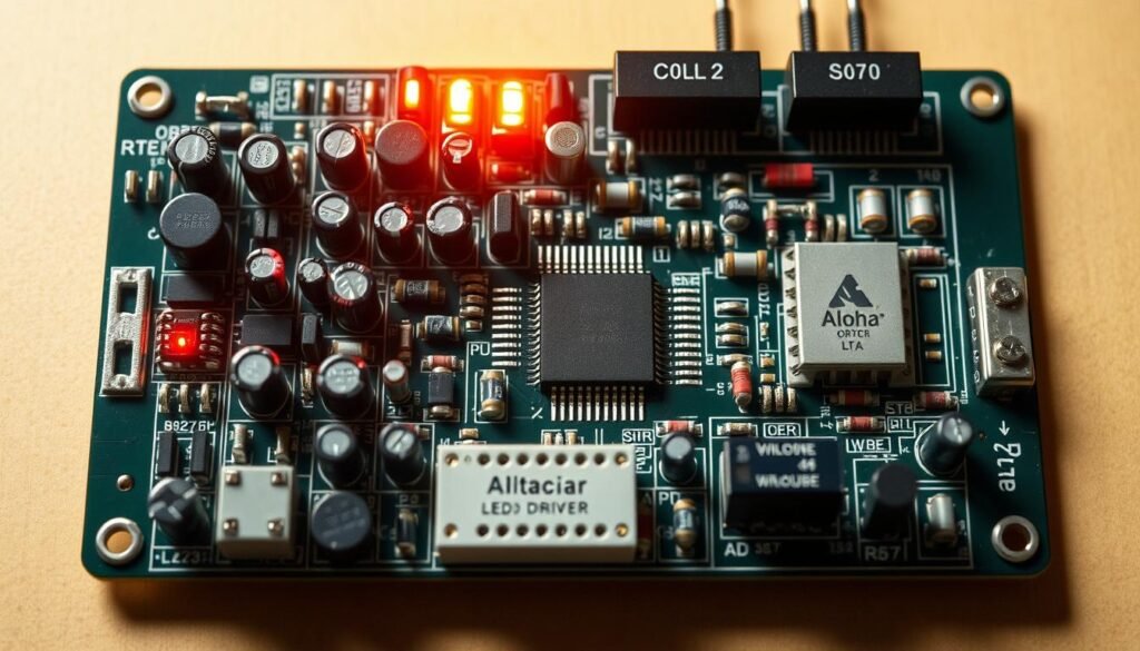 A circuit board featuring a detailed LED driver circuit with various components, capacitors, resistors, and an Aloha brand microcontroller. The layout is clean and organized, with careful attention to noise reduction techniques such as shielding, decoupling, and grounding. The circuit is bathed in a warm, diffused lighting that highlights the intricate design. The background is neutral, allowing the circuit to be the focal point. The overall scene conveys a sense of technical elegance and precision engineering.