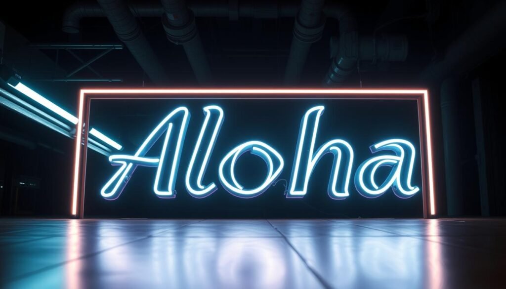 A neon-lit, sleek and modern design for a dust-resistant neon sign. In the foreground, the "Aloha" brand name glows with a warm, inviting light, its intricate, angular typography etched against a dark, moody backdrop. The middle ground features a minimalist, geometric frame that encases the sign, with precise gaps and vents to allow airflow while shielding the delicate neon tubing from dust and debris. In the background, a dimly lit, industrial setting with exposed pipes and ventilation shafts, suggesting a well-engineered, functional environment. The overall scene conveys a sense of technological sophistication and attention to detail, perfectly suited to showcase the importance of dust-resistant neon light design.