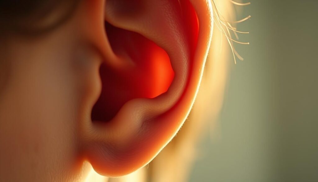 A peaceful and serene close-up image of a human ear, with a warm, natural lighting that highlights the intricate details of the outer ear and earlobe. The ear appears slightly enlarged, allowing the viewer to appreciate the complex structure and texture of the auditory organ. The background is blurred, creating a soft, dreamlike atmosphere that conveys a sense of calm and relaxation. The image should evoke a feeling of understanding and a desire to explore effective solutions for the common issue of tinnitus, or "耳鳴", conveying the message of the section title.