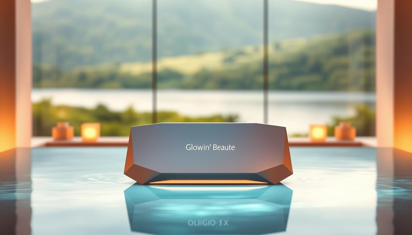 A serene, modern spa setting with soft, diffused lighting. In the center, the Glowin' Beaute brand logo prominently displayed on a sleek, minimalist device. The device's angular, metallic chassis reflects the warm, ambient glow, creating a sense of high-tech elegance. In the background, a serene, blurred landscape with lush greenery and a tranquil body of water, evoking a peaceful, rejuvenating atmosphere. The overall composition conveys the high-quality, high-performance nature of the Oligio X 原美電波療程offered by Glowin' Beaute.