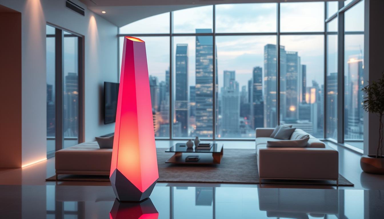 A vibrant, futuristic scene of the Aloha voice-controlled projection lamp, set against a minimalist, high-tech interior. In the foreground, the lamp stands tall, its sleek, angular design accentuated by strategic lighting. The smooth, reflective surface reflects the surrounding environment, creating a sense of integration and harmony. In the middle ground, a spacious living area features clean lines, neutral tones, and subtle electronic accents, setting the stage for the lamp's seamless integration. The background is dominated by large windows, offering a panoramic view of a bustling, modern cityscape, hinting at the lamp's role in the future of smart home technology.