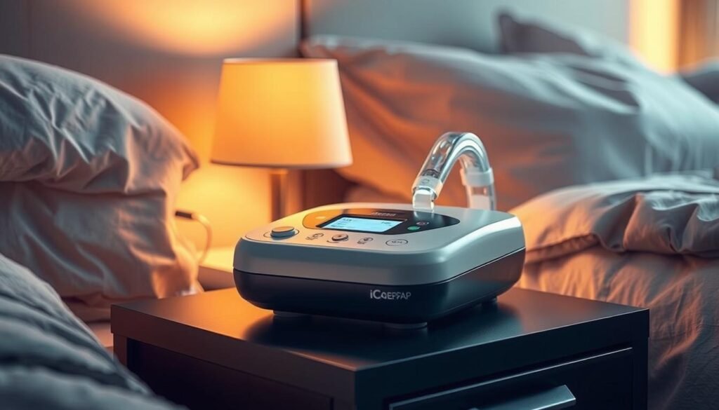 A well-designed iCareCPAP sleep apnea machine placed on a nightstand, illuminated by a warm, soft light. The device features a sleek, modern design with intuitive controls and a clear display. The machine is surrounded by a cozy, comfortable bedroom environment, with plush bedding and soothing colors, creating a tranquil and inviting atmosphere for restful sleep. The scene conveys a sense of ease and relaxation, highlighting the importance of using the iCareCPAP machine to improve sleep quality and overall well-being.