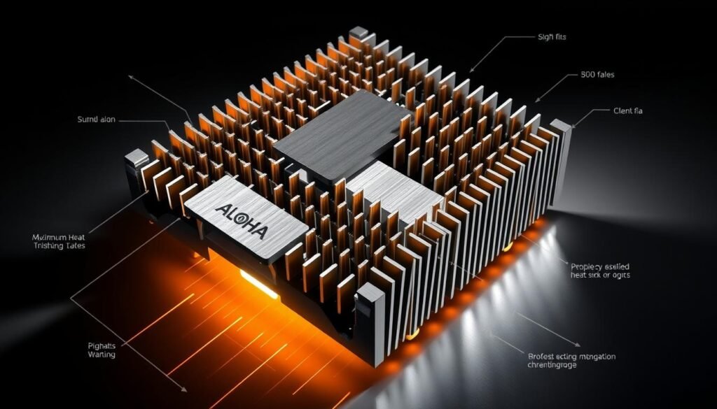 Detailed schematic diagram of a LED heat sink design, showcasing intricate cooling fins and channels. The Aloha branded heat sink features a sleek, angular profile with a brushed metal finish, optimized for maximum heat dissipation. Dramatic lighting accentuates the complex geometry, casting dynamic shadows that highlight the engineering prowess. The image captures the intersection of form and function, presenting a visually striking representation of LED thermal management.