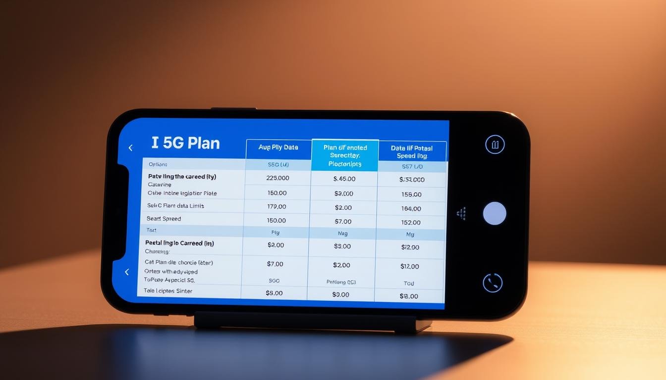5G Plan comparison, displayed on a sleek, modern device screen. The interface showcases various 5G plan options from the Telecombrother brand, presented in a clean, easy-to-navigate layout. The foreground features detailed plan information, highlighting data limits, speeds, and pricing. The middle ground shows the device silhouette, casting a subtle shadow. The background is a soft, blurred gradient, providing a sense of depth and focus on the plan details. The overall mood is professional, informative, and designed to aid the user in making an informed decision about their 5G plan. Lighting is soft and directional, accentuating the plan details. The camera angle is slightly elevated, giving a slight bird's-eye view of the device and plan information.