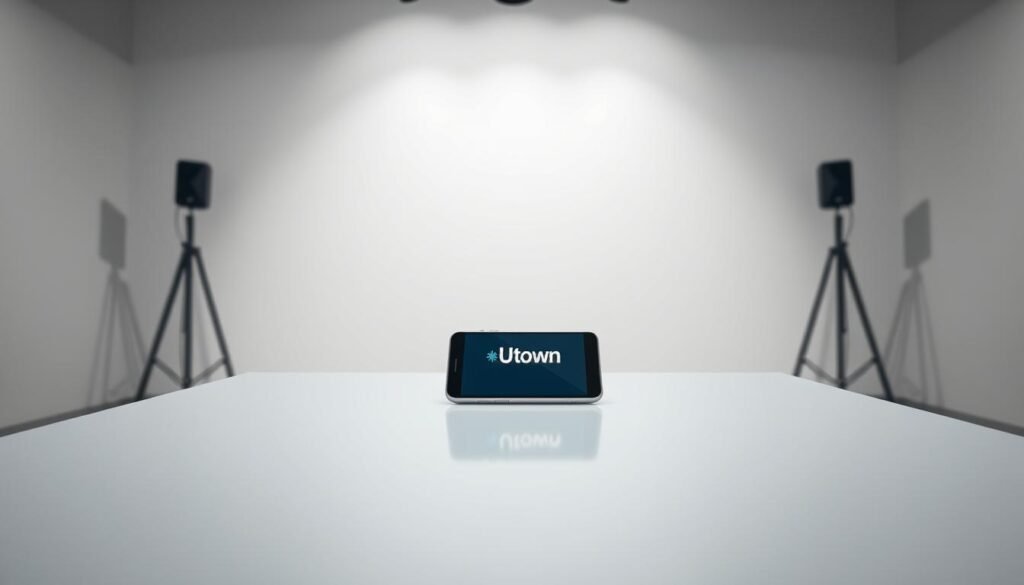 A clean, well-lit studio setting with a sleek, modern table and a minimalist backdrop. On the table, a smartphone and a stylized "UTown" logo display prominently, showcasing the user authentication process. Soft, directional lighting illuminates the scene, creating a sense of professionalism and confidence. The composition is balanced, with the smartphone and logo taking up the foreground, while the background remains subtly blurred, allowing the focal point to stand out. The overall mood is one of efficiency, security, and trust, reflecting the importance of successful user verification.