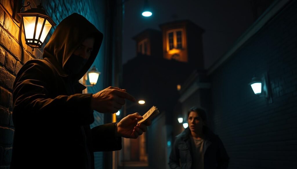 A dark alley at night, lit by flickering streetlights. In the foreground, a shadowy figure offers a tempting cash loan, their sinister expression and body language hinting at deception. In the middle ground, a victim reaches for the money, their face a mask of desperation. In the background, ominous buildings loom, suggesting the trappings of an illicit underworld. The scene conveys a sense of danger, vulnerability, and the perils of unregulated lending practices. Moody, cinematic lighting and a high-contrast, noir-inspired aesthetic heighten the sense of peril.