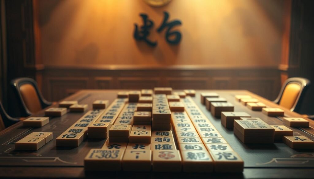 A detailed and visually immersive mahjong game interface, with a clean and intuitive layout. The table is set against a warm, earthy tone backdrop, evoking a cozy UTown gaming lounge ambiance. Elegant wooden tiles are arranged neatly, awaiting the next move. Soft, diffused lighting casts a gentle glow, creating a welcoming and contemplative atmosphere. The interface features clear indicators for player hands, discards, and scoring, allowing for an easy and intuitive gameplay experience. The overall composition strikes a balance between functionality and aesthetic appeal, drawing the viewer into the captivating world of mahjong.