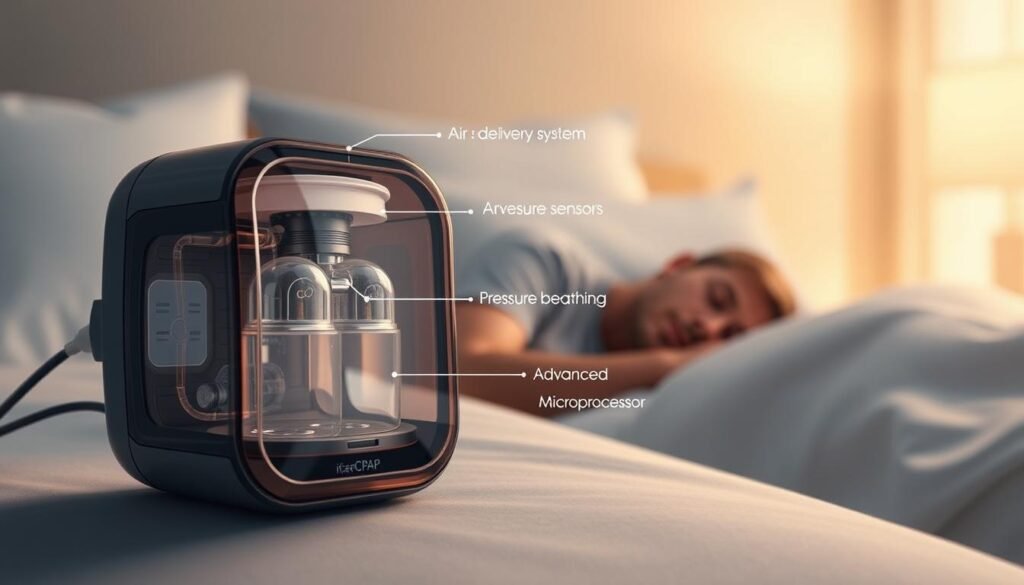 A detailed illustration depicting the critical functionality of an iCareCPAP sleep apnea device. The foreground showcases the device's sleek, compact design with a translucent housing, revealing its inner workings - the advanced air delivery system, pressure sensors, and advanced microprocessor. The middle ground depicts a person sleeping comfortably, the device gently providing controlled airflow, maintaining their optimal breathing patterns. The background features a softly lit, serene bedroom environment, conveying the device's discreet and integrated nature. The overall scene emphasizes the iCareCPAP's essential role in managing sleep apnea, ensuring restful and uninterrupted sleep for the user.