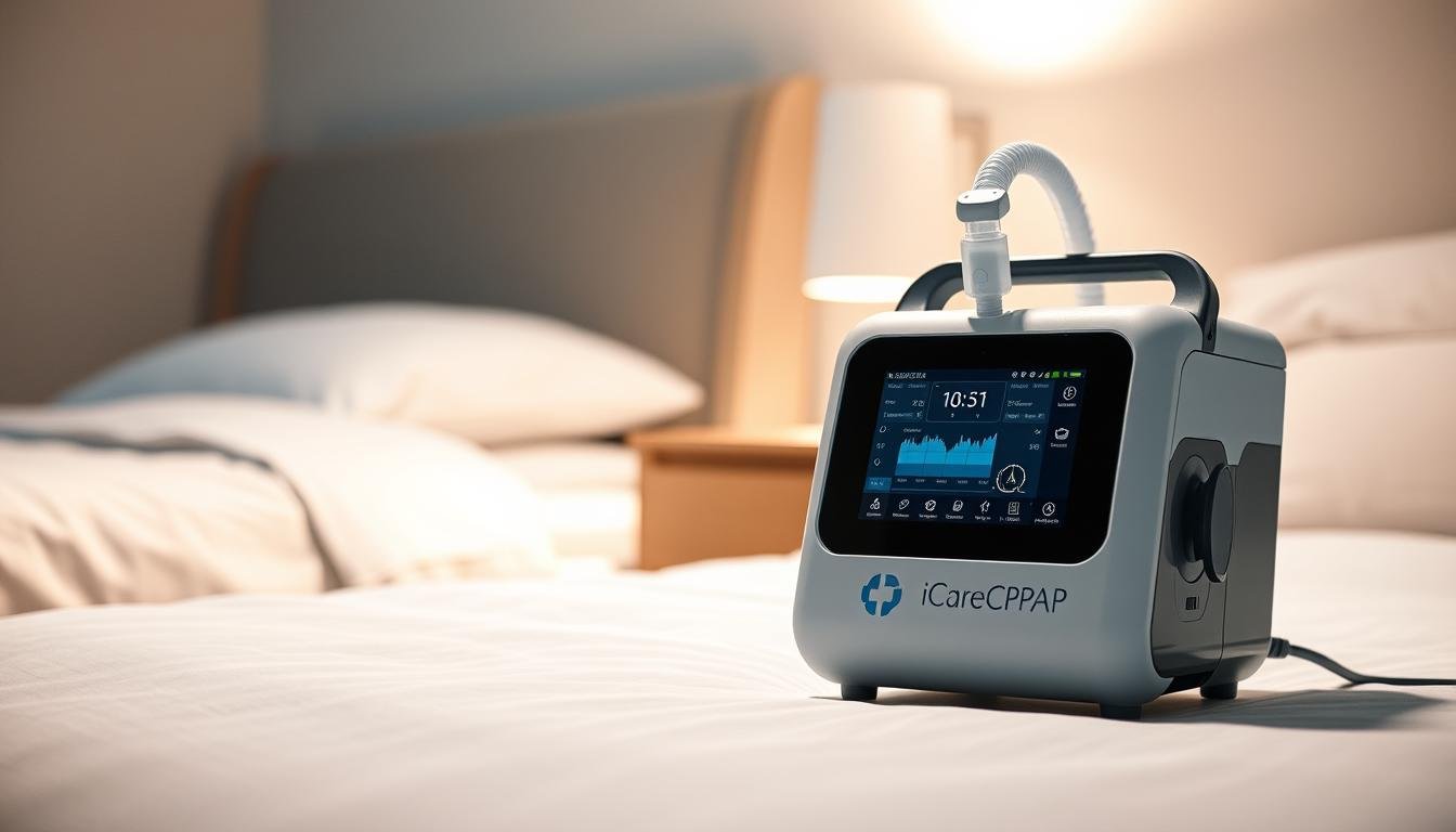 A high-tech medical device, the iCareCPAP sleep apnea machine, sits prominently in the foreground. Its sleek, modern design and intuitive interface convey a sense of advanced medical technology. The device is illuminated by a soft, diffused light, creating a calming, clinical atmosphere. In the middle ground, a minimalist nightstand and simple bedding suggest a private, personal setting. The background is blurred, focusing the viewer's attention on the central device. The overall composition evokes a sense of healthcare, efficiency, and the importance of proper respiratory care during sleep.