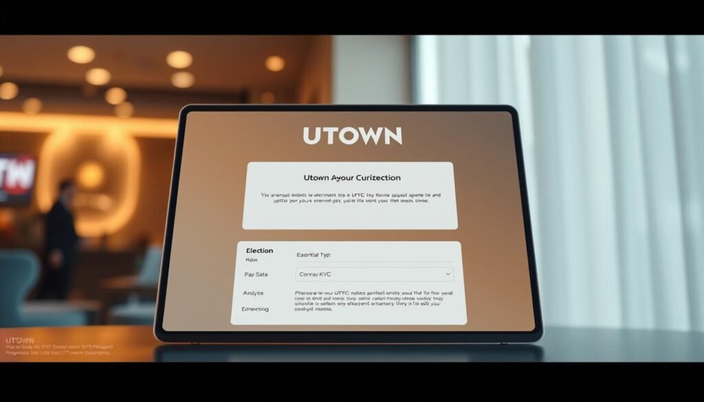 A modern and sleek banking interface for the UTown entertainment city, showcasing the essential KYC (Know Your Customer) verification process. The scene depicts a laptop screen displaying the UTown logo, with a smooth and streamlined design. The interface features clean typography, intuitive navigation, and a warm, neutral color palette, creating a sense of professionalism and trustworthiness. The background is softly blurred, placing the focus on the KYC verification details and the importance of identity authentication for seamless financial transactions within the UTown entertainment ecosystem.