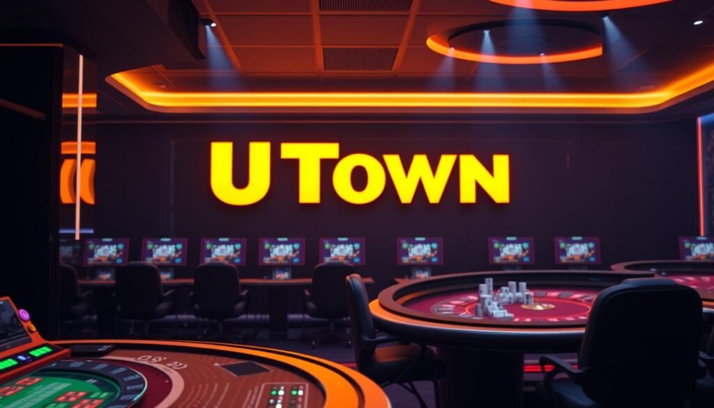 A modern and sophisticated USDT-powered casino with a sleek and intuitive interface. The scene depicts the advantages of using USDT for transactions, showcasing seamless and secure digital payments, fast withdrawals, and a visually striking UTown logo in the background, all rendered in a high-resolution, cinematic style with dramatic lighting and precise attention to detail.