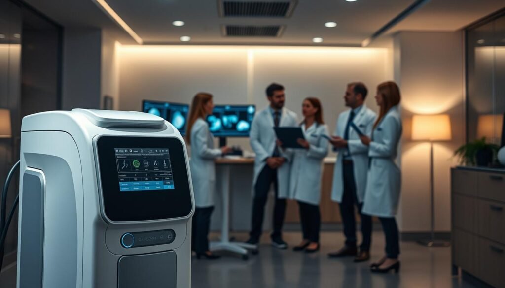 A modern medical facility with state-of-the-art sleep apnea treatment equipment. In the foreground, an iCareCPAP sleep apnea machine stands prominently, its sleek design and intuitive interface reflecting the advanced technology within. In the middle ground, a team of medical professionals in crisp white coats consults diagnostic screens, their expressions focused and determined. The background features a serene, calming environment with muted tones and soothing lighting, creating an atmosphere of comfort and care. The overall scene conveys a sense of expertise, innovation, and compassionate medical service for those struggling with sleep-disordered breathing.