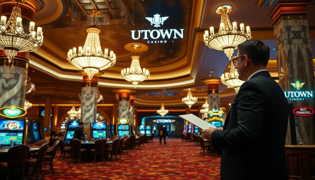 A sophisticated and luxurious casino interior with the UTown brand prominently displayed. The scene features a richly decorated gaming floor with plush carpeting, elegant chandeliers, and polished marble columns. In the foreground, a well-dressed customer is standing in front of a helpful staff member, discussing the KYC verification process. The atmosphere is one of sophistication and exclusivity, with warm lighting and a sense of refinement throughout. The overall composition and attention to detail convey the importance and professionalism of the KYC verification procedure at the UTown entertainment complex.