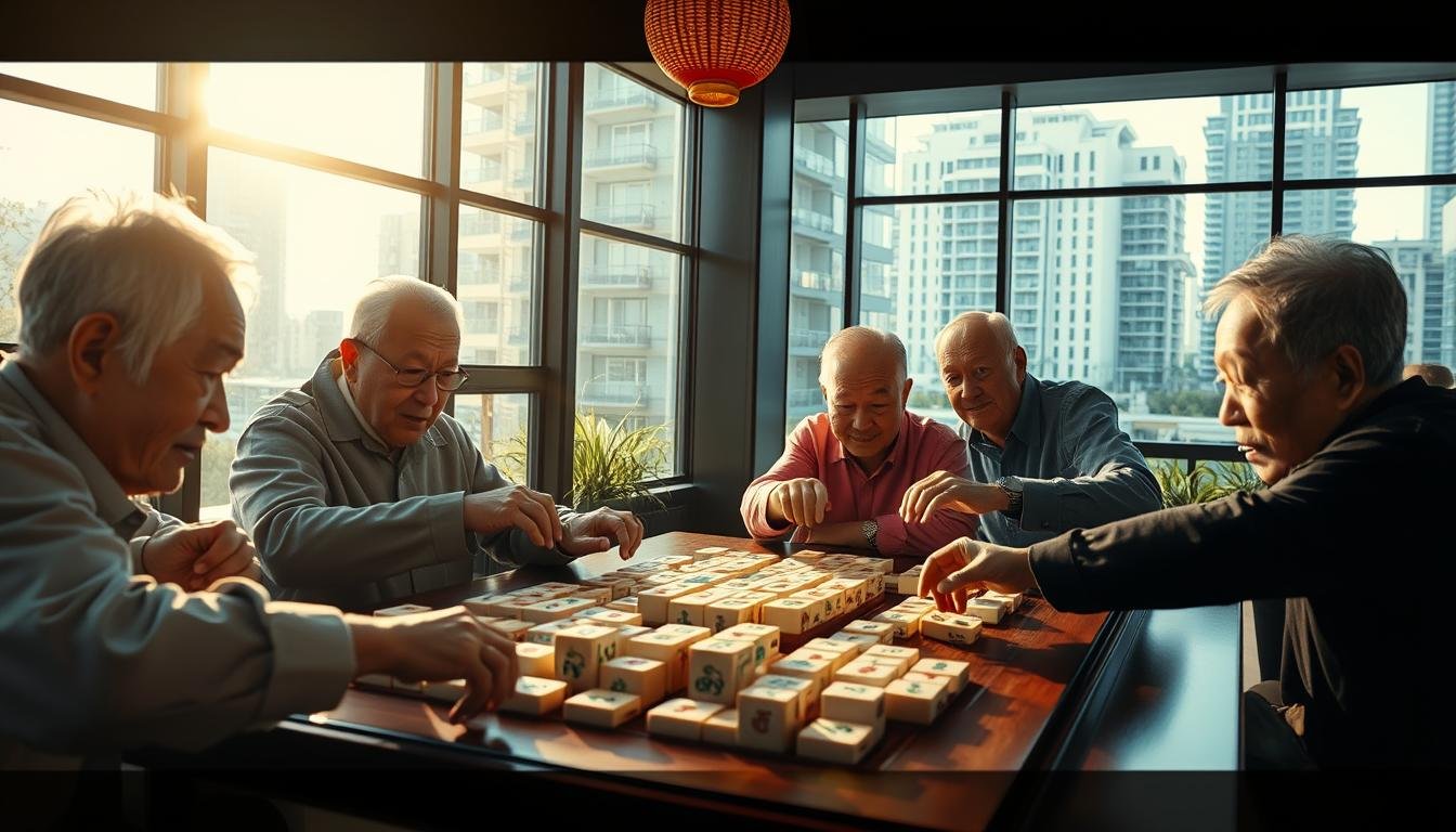 A vibrant scene of a traditional Chinese mahjong game in progress, set against the backdrop of the UTown commercial and residential complex. The table is adorned with intricate carved tiles, each one bearing the distinctive &quot;rsg&quot; logo, signaling the start of a new round. Sunlight streams in through large windows, casting a warm glow over the players as they strategize their moves, faces deeply concentrated. The middle-aged friends, dressed in casual attire, lean forward eagerly, their hands poised to make the next decisive play. The atmosphere is one of friendly competition, with a sense of excitement and anticipation filling the air. The scene captures the essence of the &quot;rsg麻將發了&quot; experience - a casual yet captivating social gathering centered around this beloved Chinese pastime.