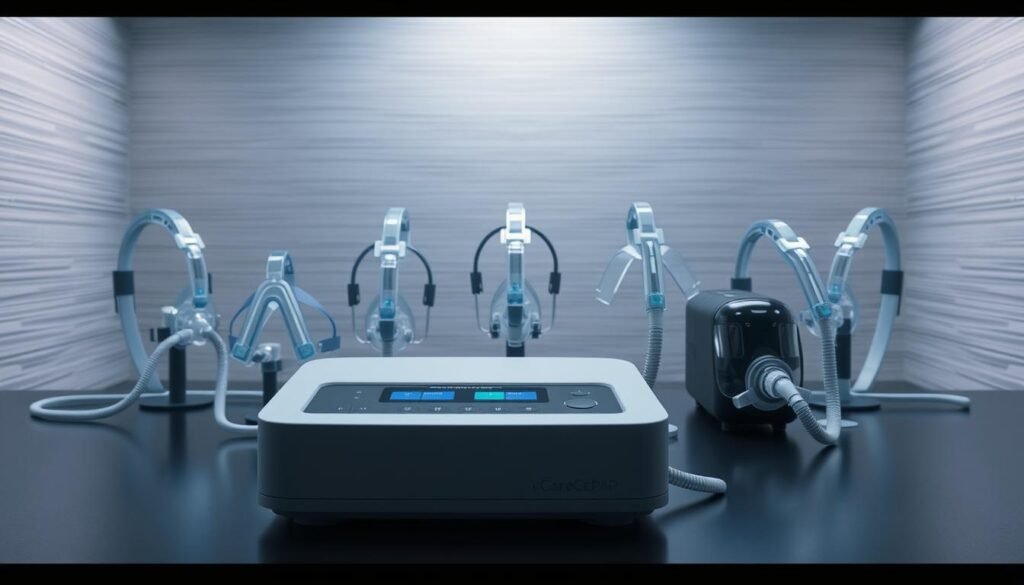 A detailed comparison of different types of sleep apnea machines, showcasing the iCareCPAP device against other models. The foreground features the iCareCPAP machine in a sleek, minimalist design, with its distinctive control panel and air hose connections. The middle ground shows various CPAP masks, nasal pillows, and full-face masks, highlighting the diverse options for patient comfort and therapy. The background depicts a softly lit, clinical environment with subtle textures and muted colors, creating a calming, professional atmosphere. The lighting is soft and directional, emphasizing the machines' forms and highlighting their key features. The overall composition conveys a sense of authority and expertise in the field of sleep apnea treatment.