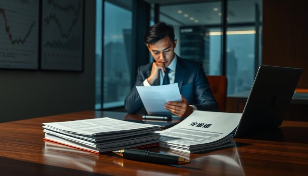 A dimly lit office space, the walls adorned with financial charts and graphs. In the foreground, a stack of documents labeled "民間貸款" sits on a polished wooden desk, surrounded by a sleek, modern laptop and a well-worn pen. The middle ground features a business person, dressed in a crisp suit, deep in thought as they review the documents, their face illuminated by the soft glow of the laptop screen. In the background, a large window offers a cityscape view, hinting at the broader financial landscape in which this transaction takes place. The overall mood is one of careful consideration and financial seriousness, capturing the essence of "理解民間貸款的運作方式".