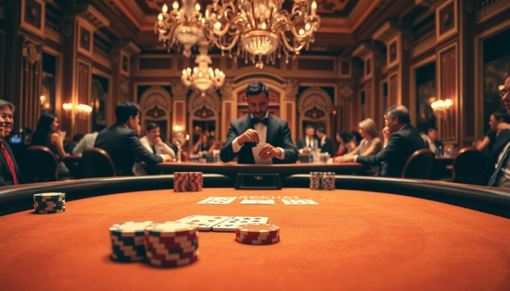 A visually striking and detailed illustration of the core rules and gameplay of Baccarat, the classic casino card game. The foreground showcases a close-up view of a Baccarat table, with playing cards, casino chips, and the elegant felt surface in rich, warm tones. The middle ground features a dealer expertly dealing the cards, surrounded by attentive players eagerly anticipating the outcome. In the background, a sense of grandeur is evoked through ornate architectural elements, chandeliers, and the lively ambiance of a high-end casino. The lighting is soft and atmospheric, creating a sense of sophistication and excitement. The overall composition conveys the essence of the Baccarat experience, inviting the viewer to immerse themselves in the rules and strategies of this captivating game.