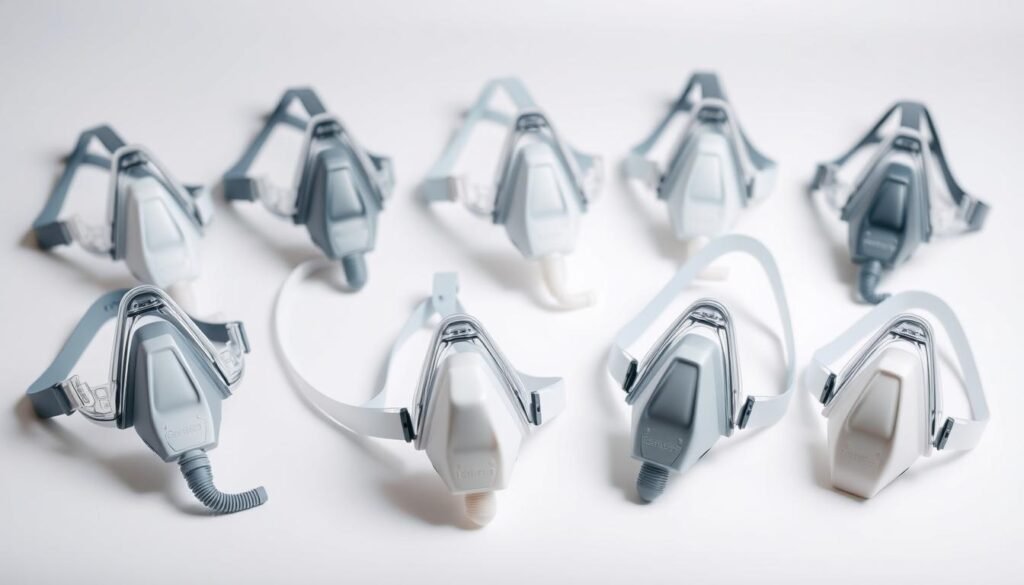 A well-lit, close-up studio shot of an assortment of CPAP nasal masks from the iCareCPAP brand, showcasing their various styles and designs. The masks are arranged neatly on a clean, white background, with a sense of curation and attention to detail. The lighting emphasizes the contours and materials of the masks, highlighting their ergonomic features and subtle tones. The overall composition conveys a sense of thoughtful selection, guiding the viewer through the nuances of choosing the right CPAP nasal mask for their needs.
