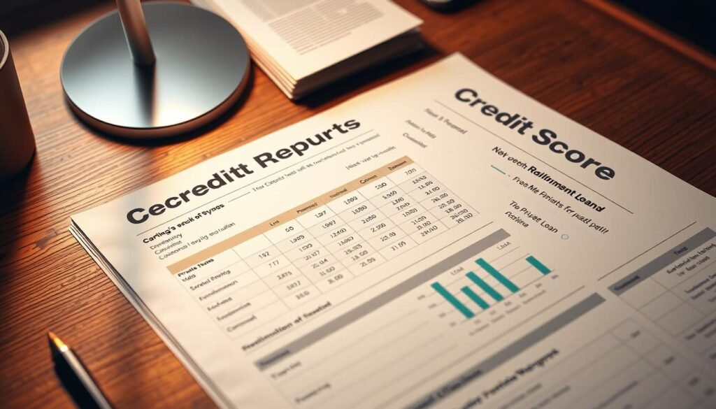 a detailed, hyper-realistic image of a credit score report, showcasing various financial metrics and indicators. The report is displayed on a wooden desk, with a warm, directional lighting highlighting the important details. The background is slightly blurred, creating a sense of focus on the credit information. The report has a clean, professional layout, with clear sections for different financial categories. The numbers and graphs convey the creditworthiness of the individual, with a neutral, analytical mood. The overall scene suggests the importance of carefully preparing one's credit data when applying for a private loan.