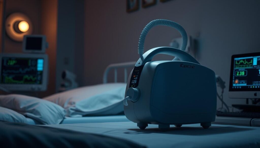 Detailed nighttime scene of a sleep apnea machine with oxygen monitoring capabilities. Sleek, modern iCareCPAP device prominently displayed, surrounded by medical equipment and monitors. Softly lit room with muted colors, conveying a serene, clinical atmosphere. Subtle shadows and ambient lighting accentuate the various components. Precise medical gauges and readouts illustrate the machine's real-time monitoring of blood oxygen levels during sleep. An essential tool for sleep health, central to the scene. Detailed nighttime scene of a sleep apnea machine with oxygen monitoring capabilities. Sleek, modern iCareCPAP device prominently displayed, surrounded by medical equipment and monitors. Softly lit room with muted colors, conveying a serene, clinical atmosphere. Subtle shadows and ambient lighting accentuate the various components. Precise medical gauges and readouts illustrate the machine's real-time monitoring of blood oxygen levels during sleep. An essential tool for sleep health, central to the scene.