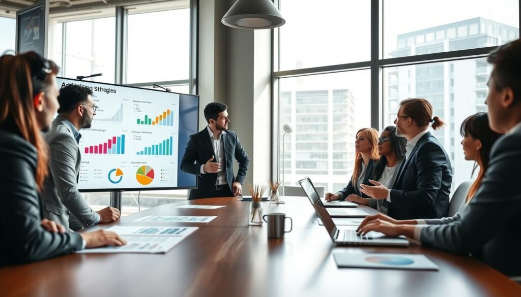 A modern office space featuring a conference table with diverse professionals in business attire engaged in a strategic discussion about advertising strategies. In the foreground, a large screen displays colorful graphs and data analytics related to ad placement and conversion rates. The middle ground shows a collaborative atmosphere, with individuals pointing at charts and using laptops for real-time analysis. The background captures large windows letting in bright, natural light, creating an inviting and dynamic environment. The mood is focused and innovative, emphasizing teamwork and strategy. The scene is shot from an angle that highlights the enthusiasm and engagement of the group, showcasing a blend of creativity and professionalism in advertising.