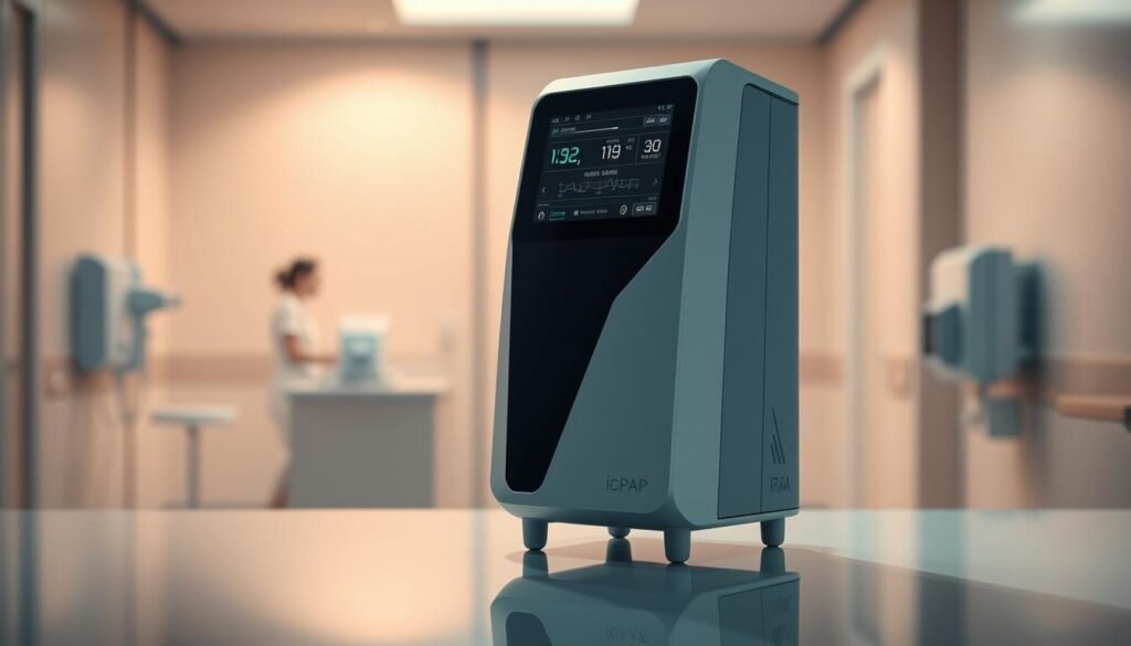 A sleek, minimalist medical device with a prominent display screen showing vital data. The iCPAP machine stands atop a clean, reflective surface, casting a soft shadow. Warm, directional lighting accentuates the device's modern, angular design. The background is a serene, blurred medical facility, conveying a sense of professionalism and privacy. The overall scene evokes a balance of advanced technology and patient-centric care, capturing the essence of "呼吸機的數據隱私保護".