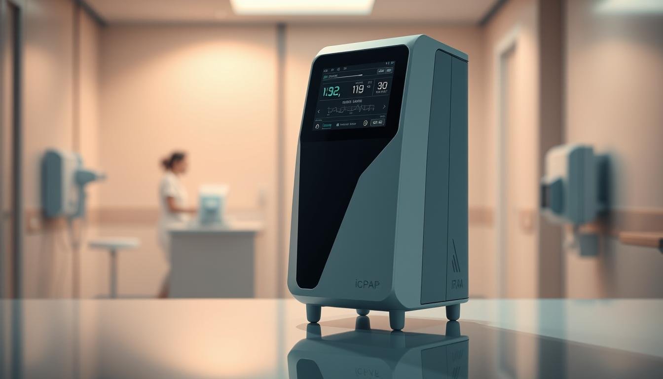 A sleek, minimalist medical device with a prominent display screen showing vital data. The iCPAP machine stands atop a clean, reflective surface, casting a soft shadow. Warm, directional lighting accentuates the device's modern, angular design. The background is a serene, blurred medical facility, conveying a sense of professionalism and privacy. The overall scene evokes a balance of advanced technology and patient-centric care, capturing the essence of "呼吸機的數據隱私保護".