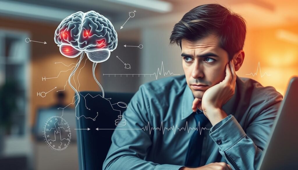 A detailed illustration depicting the physiological factors of anxiety disorders. In the foreground, a thoughtful person in professional attire sits at a desk, with a furrowed brow, highlighting the internal struggle of anxiety. In the middle ground, a semi-transparent overlay illustrates various physiological representations: brain activity with highlighted pathways, fluctuating hormone levels, and heart rate graphs, symbolizing the biological processes involved. The background features a soft-focus, calming office environment with warm, diffuse lighting to create a contrast with the subject's anxious expression. The overall mood should evoke a sense of introspection and complexity, while remaining visually engaging and informative, capturing the intricate interplay of the mind and body in relation to anxiety.