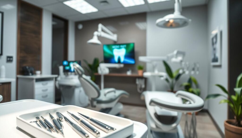 A modern dental clinic interior, showcasing a professional atmosphere with a clean and inviting design. In the foreground, a dental hygienist in professional attire is preparing for a wisdom tooth extraction, highlighting the surgical tools neatly arranged on a tray. The middle ground features a dental chair equipped with advanced technology, while a digital monitor displays information about wisdom teeth procedures. The background includes soothing decor with soft lighting and green plants to create a calming environment. The overall mood is one of professionalism and care, emphasizing the expertise of the dental services provided at 昊晴牙科 and植牙中心. Use a soft focus to give an inviting and reassuring feel to the scene, with natural light illuminating the clinical space.