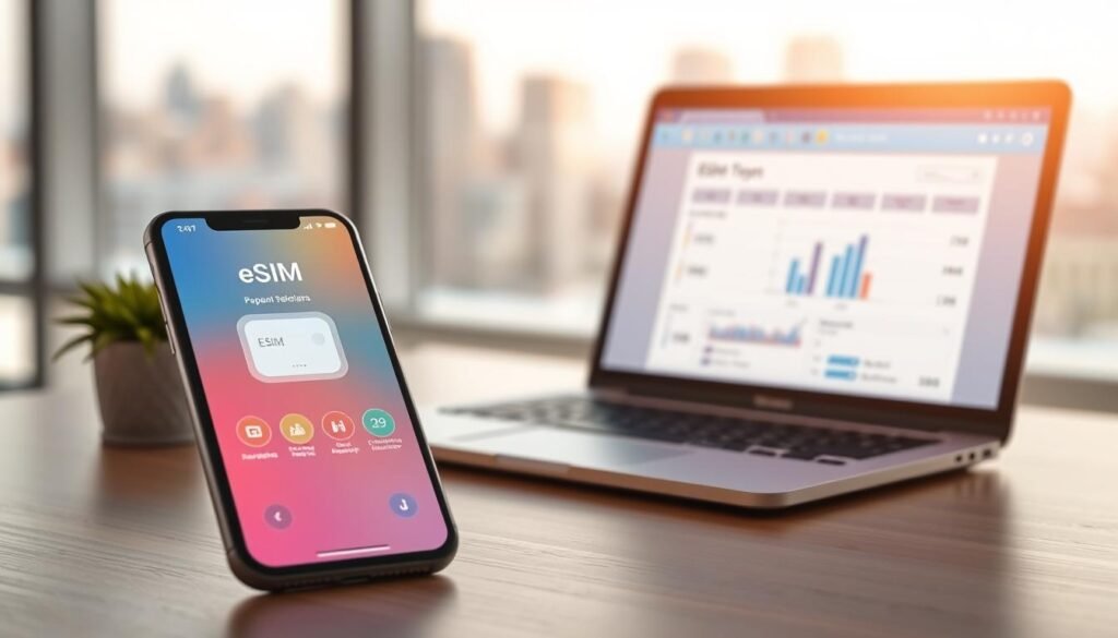 A modern digital workspace featuring a smartphone displaying a vibrant eSIM interface, symbolizing Japanese eSIM network plans. In the foreground, emphasize the phone with a close-up view of the screen showcasing the eSIM selection menu. In the middle, include a sleek laptop with financial graphs and comparison charts related to eSIM packages, illustrating the decision-making process. The background should depict a soft-focus office setting with a cityscape visible through a large window, suggesting a professional environment. Utilize natural lighting to create a warm atmosphere, with a shallow depth of field to emphasize the phone and laptop. The overall mood should be informative and engaging, appealing to tech-savvy readers.