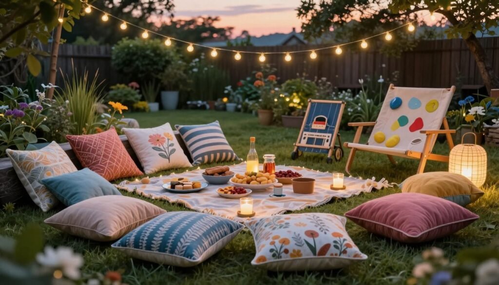 A beautifully arranged display of a variety of backyard leisure products, featuring colorful and diverse items such as cushions, decorative lights, picnic sets, and garden games. In the foreground, there are elegantly designed cushions in varying textures and patterns, inviting relaxation. The middle ground showcases a stylish picnic setup with a cozy blanket, delicious snacks, and a romantic ambiance created by soft, warm lighting from fairy lights strung above. The background features a peaceful garden setting with lush greenery and evening sky colors, enhancing the intimate and cozy feel of the scene. The overall mood is warm and inviting, perfect for a romantic evening, captured with a soft focus lens to evoke a cinematic vibe in a 4:3 aspect ratio.