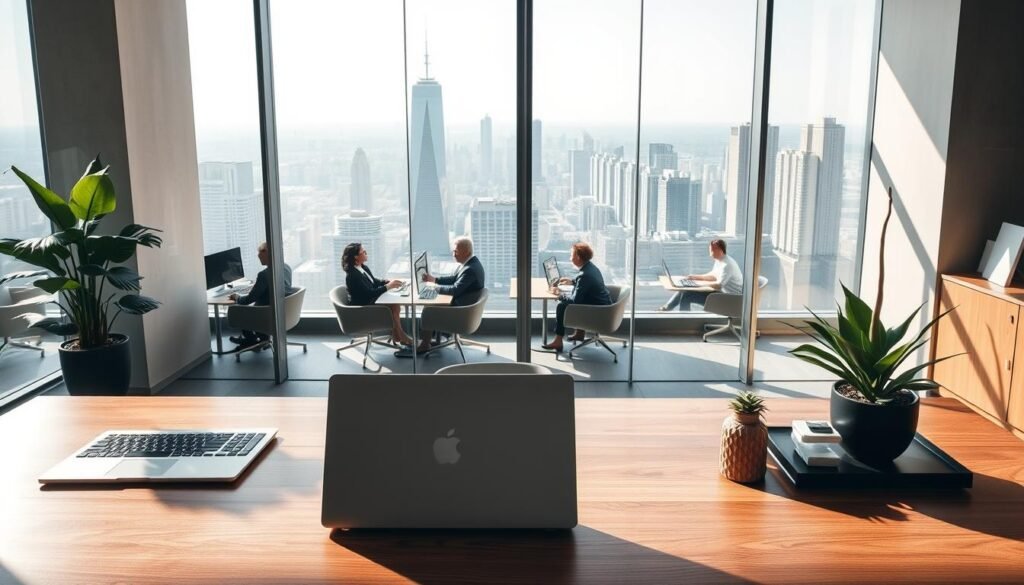 A sleek and modern business center interior showcasing a stylish virtual office setup. The foreground features a polished wooden desk with a laptop, potted plants, and decorative office accessories. In the middle, a glass partition highlights individual workspaces occupied by a diverse group of professionals in elegant business attire, engaged in virtual meetings. The background reveals a panoramic view of a bustling city skyline through large windows, with bright natural lighting streaming in, creating an uplifting and productive atmosphere. The composition conveys professionalism and sophistication, accentuating the significance of a prestigious business address in elevating brand image and fostering client trust. Soft shadows enhance the depth of the space, while a fresh, clean aesthetic ties the elements together harmoniously.