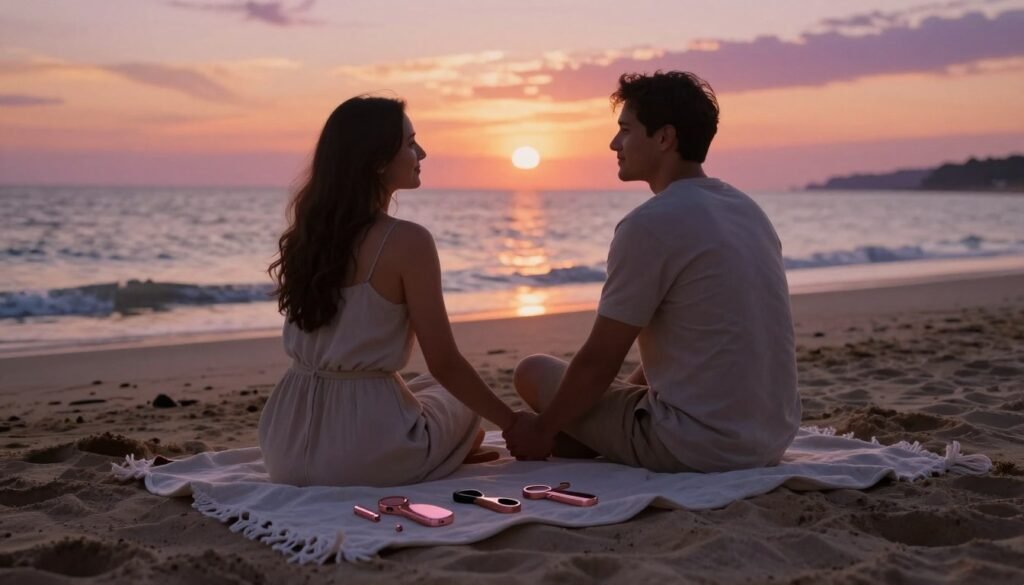 A warm and intimate scene of a couple enjoying a romantic beach date at sunset. The couple, dressed in modest casual clothing, hold hands while sitting on a cozy blanket spread on the sand. They are surrounded by soft, glowing light reflecting off the gentle waves, creating a serene atmosphere. In the foreground, a selection of tasteful and elegant accessories, such as beautifully designed relationship-enhancing tools, subtly placed beside them. The background features a stunning sunset sky with hues of orange, pink, and purple, adding a cinematic touch to the image. Shot with a soft focus effect to enhance the warm, inviting mood, and framed in a 4:3 aspect ratio.