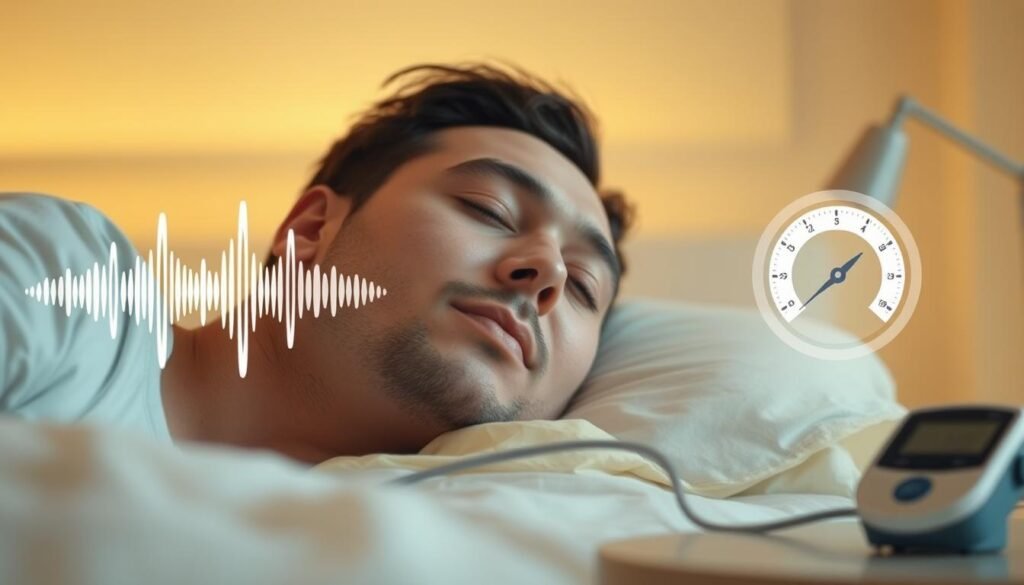 A close-up illustration of a peaceful, sleeping person in a light, modern bedroom, highlighting their relaxed face while peacefully breathing. On one side, a soft visual representation of sound waves symbolizing snoring, interconnected with a graphic illustrating elevated blood pressure, displayed as a rising gauge. In the background, the room is softly lit with warm, calming yellow hues, creating a serene atmosphere. The foreground features subtle elements like a bedside table with a medical device for blood pressure monitoring, emphasizing a connection between sleep, snoring, and high blood pressure. The lens should evoke an intimate yet clinical perspective, capturing the essence of health and well-being while clearly distinguishing the elements for clarity.