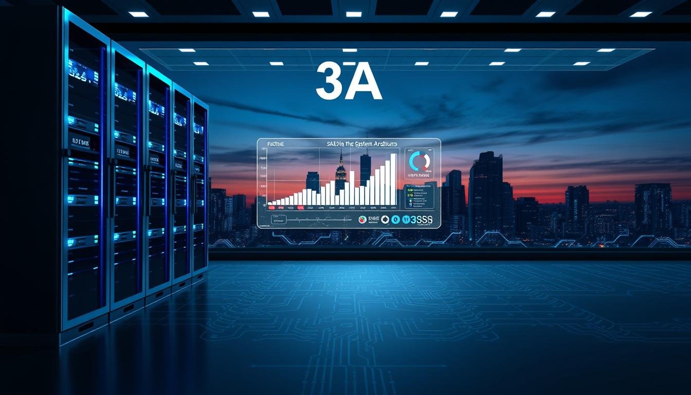 A detailed visualization of the "3A" entertainment platform's system stability technical architecture. In the foreground, show a sleek, modern server rack glistening under cool blue lighting, symbolizing high performance and reliability. The middle layer features a digital interface displaying real-time data analytics with graphs and statistics, emphasizing the system's immediate data synchronization capabilities. In the background, a silhouette of a city skyline at dusk, merging with circuit board patterns, signifies technology and connectivity. The mood is professional and futuristic, aiming to evoke a sense of trust and innovation. Use a wide-angle perspective to capture the complexity and sophistication of the architecture, ensuring a clean and polished look without any text or distractions.