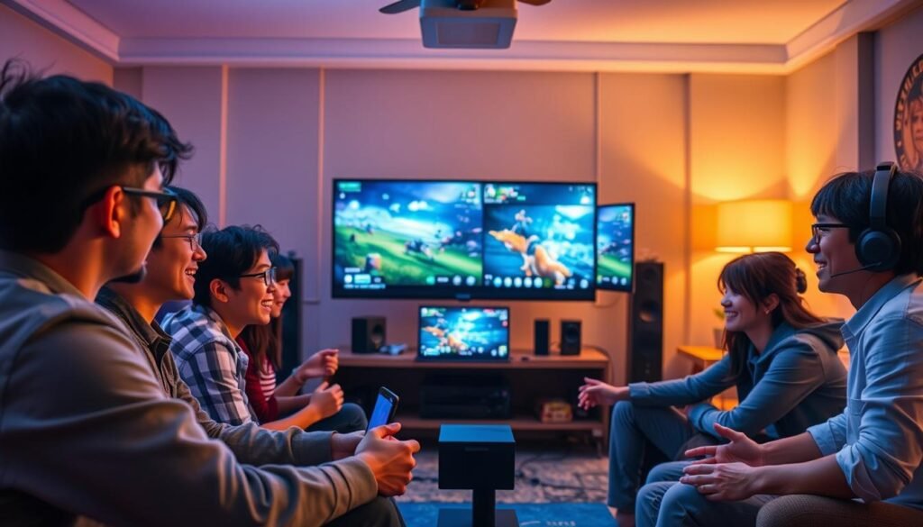 A vibrant, engaging scene displaying the essence of "3A" gaming quality and responsible gaming principles. In the foreground, a group of diverse gamers, dressed in professional attire, are enjoying a modern gaming setup, showcasing excitement and healthy engagement with the games. In the middle layer, a state-of-the-art gaming console and high-definition screens displaying immersive game designs can be seen, emphasizing quality graphics and gameplay. The background features a cozy gaming room atmosphere with soft, ambient lighting, inspiring a sense of community and well-being. The overall mood is positive, highlighting balance between entertainment and responsibility, inviting viewers to reflect on the benefits of choosing "3A" gaming as a leisure choice. Soft, warm lighting enhances the inviting ambiance, with a focus on clarity and detail.