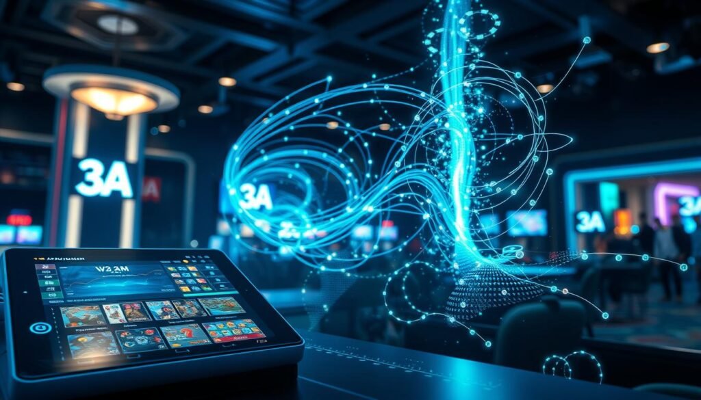 A visually captivating representation of a complex algorithm illustrating the concept of randomness in gaming. In the foreground, a sleek, modern digital interface displays various card games, highlighted by glimmering lights, showcasing 3A branding prominently. In the middle ground, abstract visual elements depict swirling data streams and random number generation processes, symbolizing the underlying algorithms. The background features a professional gaming environment with subtle hints of casino aesthetics, glowing softly to create an inviting atmosphere. Use cool blue and green tones for a technological vibe, illuminated with dynamic, soft lighting to emphasize the patterns of randomness at play. The scene should evoke a sense of excitement and innovation in the gaming industry, with a focus on algorithmic integrity.
