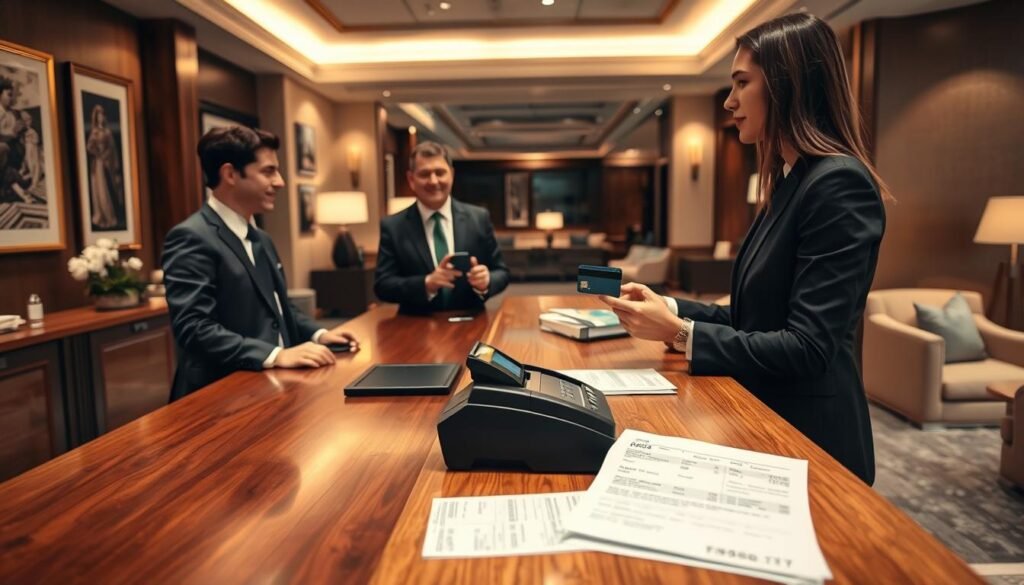 A cozy hotel front desk scene depicting the contrast between cash and card payments. In the foreground, a professional hotel clerk in smart business attire stands behind a polished wooden counter, engaging with a well-dressed guest. The guest holds a credit card, ready to pay, while a cash register and an invoice lie prominently on the counter, highlighting the focus on payment methods. In the middle ground, various stylish hotel decor elements, such as fine artwork and soft lighting, create an inviting atmosphere. The background features a well-lit lobby with soft furnishings and a welcoming ambiance. The overall mood is professional and informative, capturing the essence of modern hotel transactions. Warm, diffused lighting adds comfort while keeping the setting sleek and contemporary.