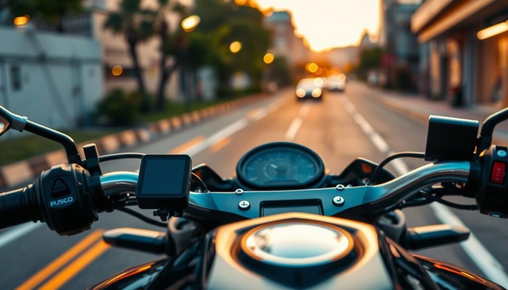 A detailed composition of a motorcycle dashboard featuring a motorcycle dashcam (機車行車記錄器) as the focal point in the foreground. The dashcam should be sleek and modern, capturing intricate details of its design, including buttons and lens. In the middle ground, show the handlebars of the motorcycle with a blurred view of the road ahead, suggesting motion and adventure. The background should depict a scenic urban environment, softly illuminated by the golden hue of sunset, creating an inviting and warm atmosphere. Include a shallow depth of field to emphasize the dashcam while maintaining a sense of context around it. The lighting should be soft yet vivid, highlighting the contours of the motorcycle and the dashcam, evoking a sense of importance and reliability.