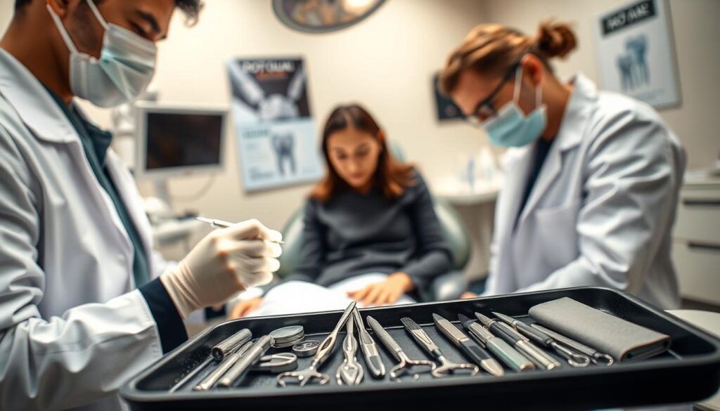 A detailed dental clinic scene focusing on the process of root canal treatment. In the foreground, a professional dentist wearing a white coat and mask is gently examining a patient's tooth using dental instruments. The patient, seated in a modern dental chair, is clad in modest, casual clothing, displaying a calm demeanor. In the middle ground, various dental tools and equipment like an X-ray viewer and sterilized instruments are neatly arranged on a tray. The background features a well-equipped dental office with soft, ambient lighting and posters about dental health. Capture the atmosphere of focused professionalism and care, using a slightly angled perspective to emphasize the action and tools involved in the treatment process.