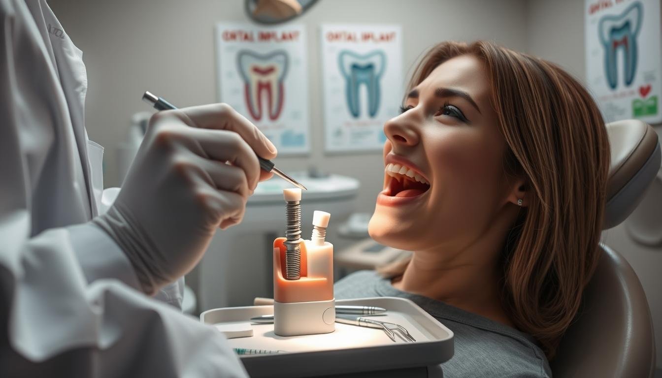 A detailed dental clinic setting focusing on dental implants, showcasing a close-up of a dentist examining a dental implant in a patient’s mouth. In the foreground, a dentist in a white lab coat and gloves gently holds dental tools, with a focus on a dental implant model. The patient, seated in a dental chair, appears relaxed but attentive, dressed in a simple shirt. In the middle ground, dental charts and instruments are organized on a sterile tray, while a soft light illuminates the scene, enhancing the clinical atmosphere. In the background, dental posters on the walls highlight oral hygiene and implant care. The overall mood is professional and informative, creating an educational environment.