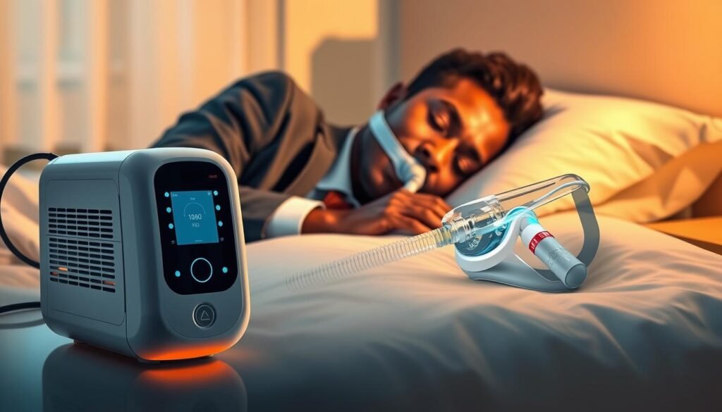 A detailed illustration depicting the working principle of a sleep apnea machine. The foreground features a modern sleep apnea machine with soft LED lights, connected to a clear CPAP mask resting on a neatly arranged pillow. In the middle ground, a diverse individual in professional business attire is comfortably sleeping, showing a serene expression that suggests restful sleep. The background presents a softly lit bedroom atmosphere, with calming colors and gentle shadows creating a peaceful mood. Use a soft focus lens effect to enhance the tranquility of the scene, with warm lighting that emphasizes the comfort and usability of the sleep apnea machine. The overall atmosphere is one of serenity and health, illustrating the relationship between technology and natural breathing rhythm.