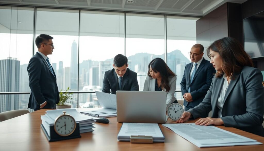 A professional business setting illustrating the process of starting a company in Hong Kong. In the foreground, a diverse group of individuals dressed in smart business attire consults over documents and a laptop, showcasing teamwork. The middle ground features a well-organized desk with forms, a business registration certificate, and a clock indicating time management. In the background, a modern office view shows a skyline of Hong Kong with tall buildings, reflecting the business environment. Soft, natural lighting enhances the mood of focus and collaboration, while the camera angle captures the scene from a slightly elevated perspective, adding depth to the composition. The overall tone conveys professionalism and seriousness in the business registration process.