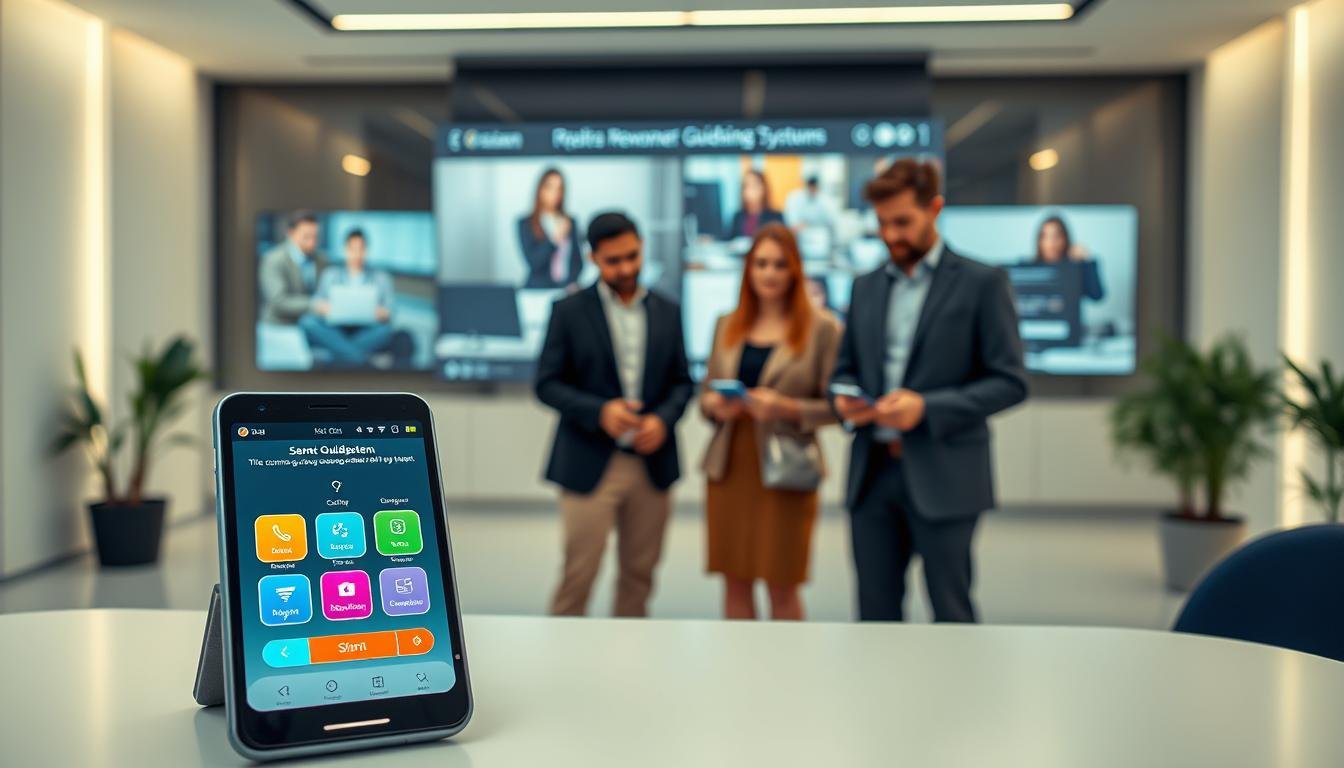 A sleek digital interface showcasing the "3A Newcomer Guidance System" in a modern, futuristic setting. In the foreground, a user-friendly app interface is highlighted, featuring vibrant colors and intuitive navigation buttons that symbolize ease of use. In the middle, a diverse group of three professional individuals—two males and one female—are engaged with the system, dressed in smart casual attire, appearing focused and enthusiastic. The background showcases a well-lit, minimalistic office environment with subtle hints of high-tech elements, such as large screens displaying graphical tutorials. Soft, diffused lighting creates an inviting atmosphere, with a slight depth-of-field effect drawing attention to the guidance system while maintaining clarity throughout the composition.