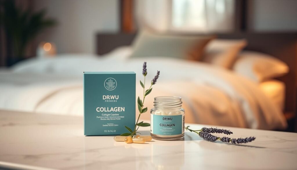 A beautifully arranged display featuring DR.WU's collagen products, elegantly arranged on a clean, white marble countertop. In the foreground, include an open box of DR.WU collagen capsules alongside a small jar of collagen cream, both with their labels clearly visible. The middle layer can showcase delicate bamboo leaves and lavender sprigs, symbolizing natural ingredients. In the background, a softly lit bedroom scene with warm hues reflects a calming atmosphere, featuring a neatly made bed with plush pillows and gentle ambient lighting to convey a sense of tranquility. Use soft, diffused lighting to enhance the serene mood, capturing the essence of a restful night. The focus should be sharp on the products, with a slight bokeh effect in the background to draw attention to the featured items.