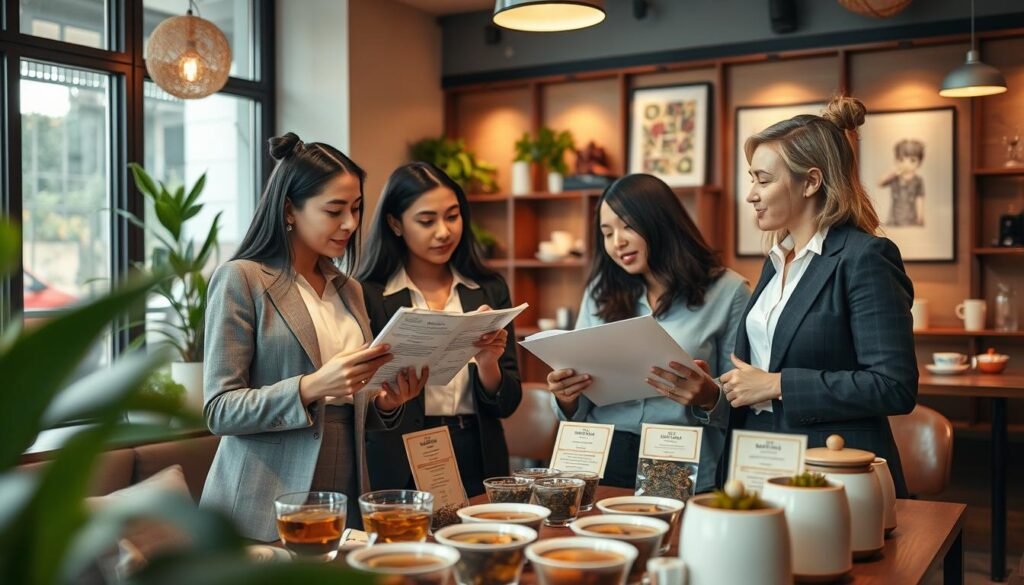 A cozy, intimate café setting featuring a well-organized tea display, highlighting the importance of transparency in tea selection. In the foreground, a diverse group of three individuals in professional attire closely examines a transparent menu, discussing options with a thoughtful expression. The middle ground showcases a beautifully arranged table with different tea varieties and informative labels, emphasizing clarity in choice. The background reveals a warm, inviting atmosphere with soft, ambient lighting, and decorative elements such as plants and tea-related art. The scene captures a sense of trust and comfort, conveying the importance of information transparency in making informed decisions about tea selection. The composition should be in a 4:3 aspect ratio, focusing on the interactions and the inviting space.