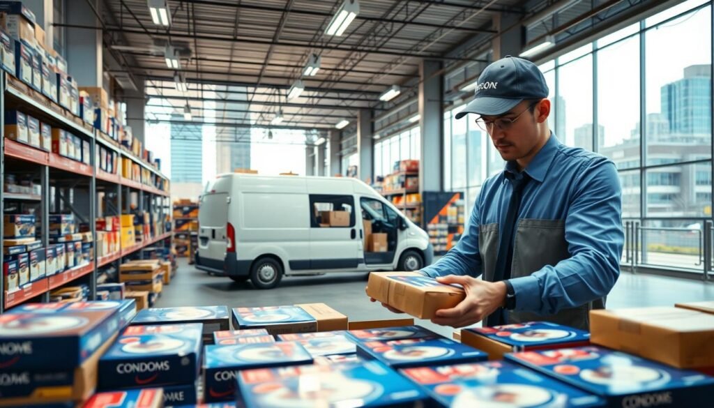 A dynamic logistics scene showcasing the efficient delivery of online-ordered condoms. In the foreground, a delivery worker in professional attire is seen sorting packages at a clean, modern distribution center. The middle ground features organized shelves filled with various boxed condom brands, emphasizing a variety of options available for instant delivery. In the background, a delivery van is parked outside, ready for dispatch, with city buildings visible to convey a bustling urban environment. The workspace is brightly lit with overhead lights, creating a vibrant atmosphere that reflects urgency and efficiency. Capture the mood of professionalism and reliability, with a slight blur on the background to draw attention to the logistics operations at hand.