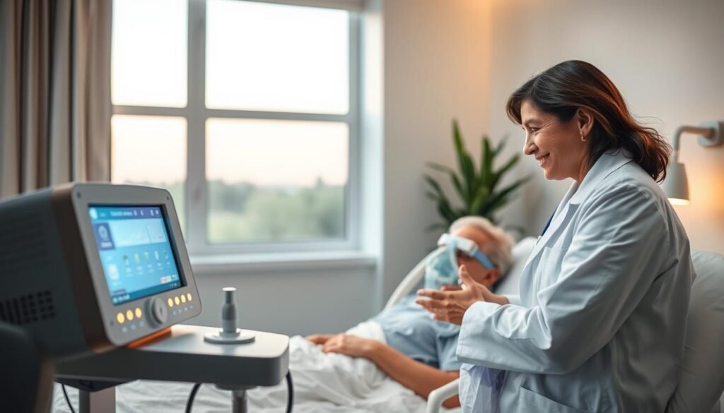 A healthcare professional examining a patient using a sleep apnea machine, showcasing a positive interaction in a serene clinical environment. In the foreground, the professional, dressed in a white lab coat, has an empathetic expression while observing the patient, who is comfortably resting in a hospital bed, wearing a CPAP mask. The middle ground features the sleep apnea machine, with soft glowing lights indicating its functionality, signifying advanced medical technology. In the background, a softly lit modern hospital room with calming colors emphasizes a soothing atmosphere. The lighting is warm and gentle, creating a sense of reassurance and care, while a window reveals a tranquil outdoor scene, symbolizing health and vitality.